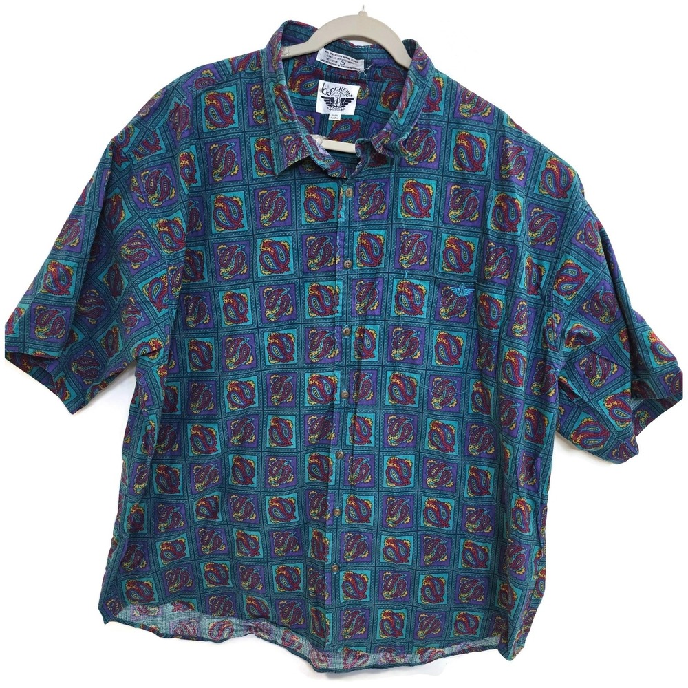 Dockers Levi's Shirt Mens 2XL Green Paisley Short Sleeve‎ Button Front Made USA